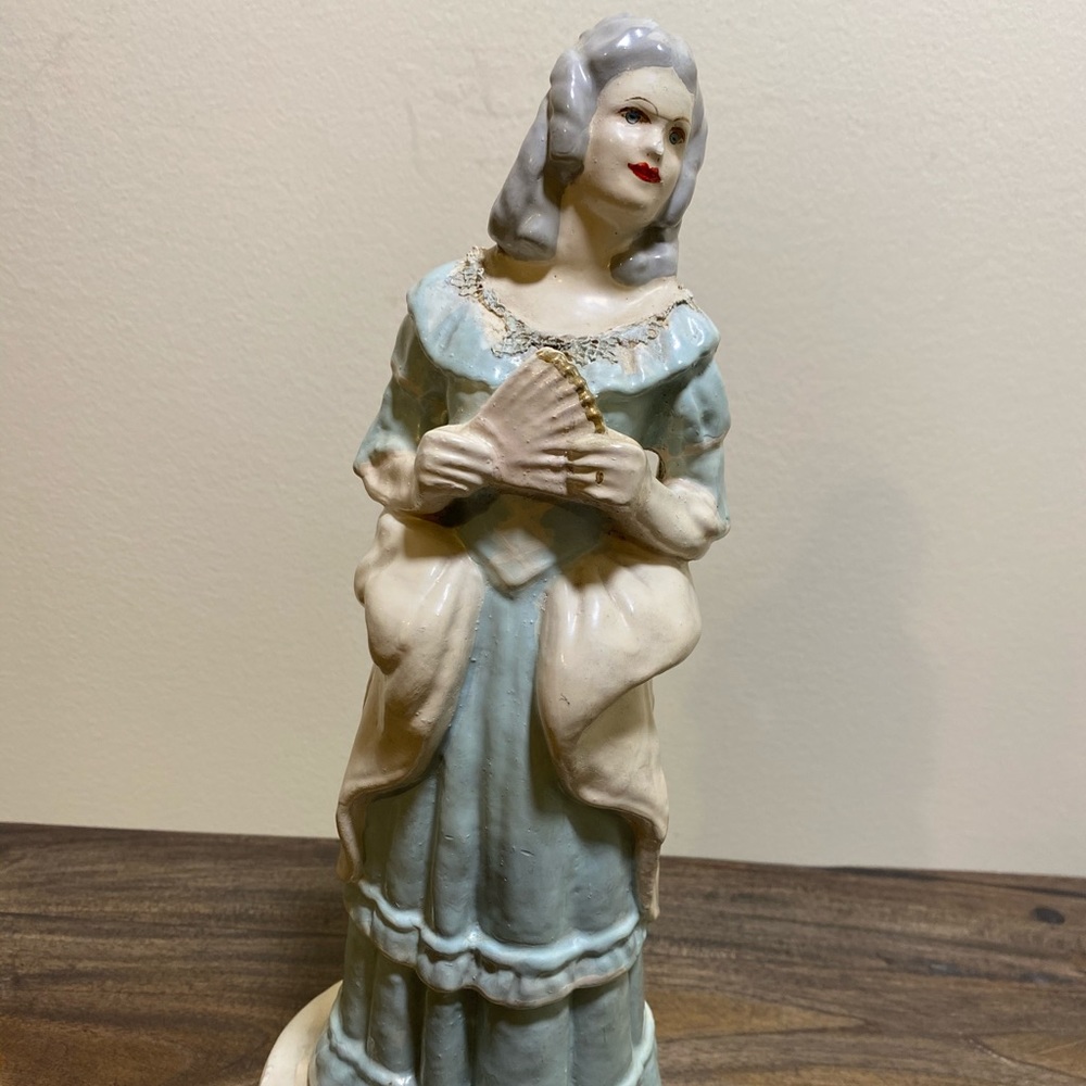 Vintage Chalkware Figurine Woman With Blue Dress and Handheld Fan Victorian